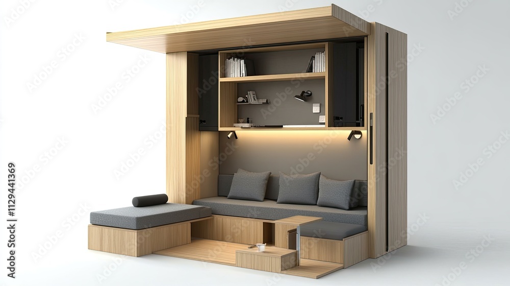 Modern minimalist wooden micro apartment with sofa bed, shelves, and workspace. Modern minimalist wooden micro apartment with sofa bed, shelves, and workspace.