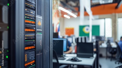 A high-tech setup in a modern Mexican office environment, featuring a SonicWALL device being installed in a sleek server rack.  photo