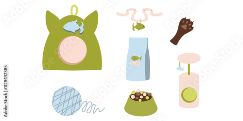 Cat supplies clip art, pet accessories clipart, bed, food, fish, paw, scratching post, skein of thread, fish collar. Green, blue, vector illustrations
