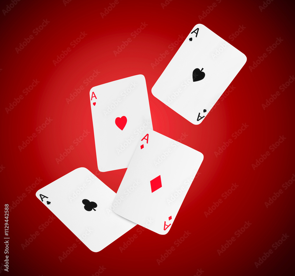 Four aces in air on red gradient background. Poker and other card games Four aces in air on red gradient background. Poker and other card games