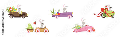 Cute Hare with Long Ears Driving Retro Car Carrying Easter Eggs Vector Set