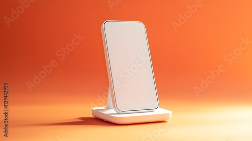 A white wireless charging stand displayed on a pastel orange background.