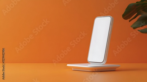A white wireless charging stand displayed on a pastel orange background.