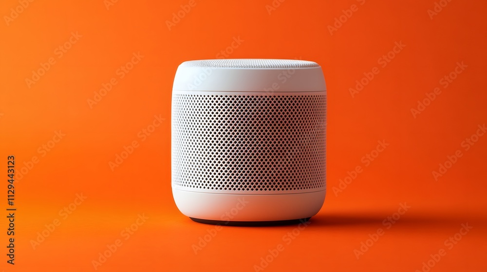 A white wireless speaker with a textured surface on a bold orange background. A white wireless speaker with a textured surface on a bold orange background.