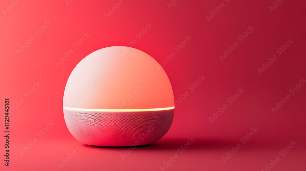 A white wireless speaker with LED accents glowing softly on a coral red background. A white wireless speaker with LED accents glowing softly on a coral red background.