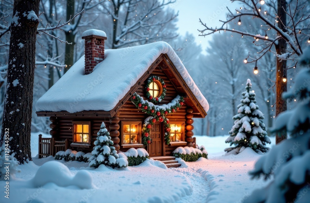 Cozy wooden cabin adorned with Christmas decorations in snowy winter forest. Cozy wooden cabin adorned with Christmas decorations in snowy winter forest.