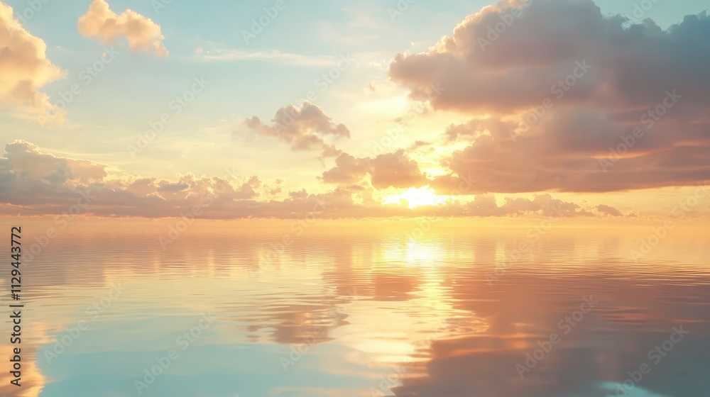Obraz premium A serene sunset over calm waters, with colorful clouds reflecting in the tranquil sea, creating a peaceful and picturesque scene.