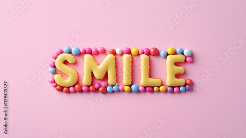 The word SMILE created using colorful candy-coated chocolates arranged on a pastel pink background. photo