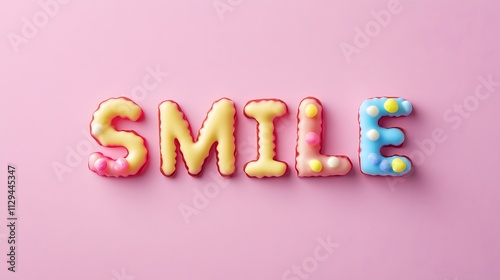 The word SMILE created using colorful candy-coated chocolates arranged on a pastel pink background. photo