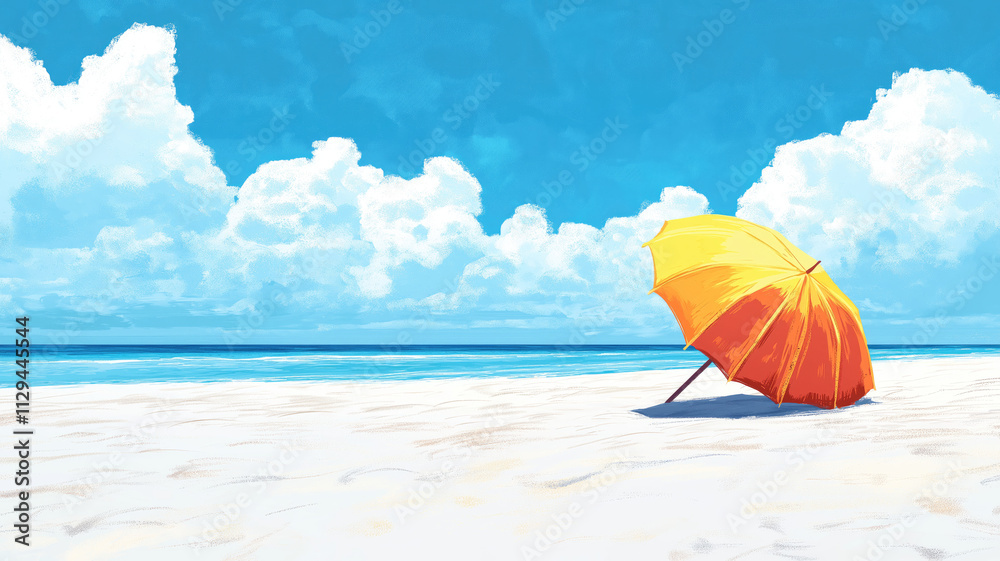 Generative AI illustration of tranquil beach setting with a vibrant yellow and orange umbrella against a backdrop of blue skies and fluffy clouds Generative AI illustration of tranquil beach setting with a vibrant yellow and orange umbrella against a backdrop of blue skies and fluffy clouds
