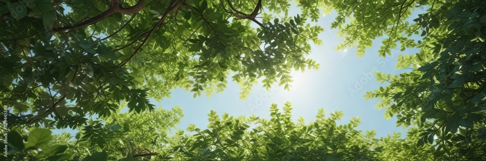 A dense thicket of green leaves and branches under a sunny sky, natural surroundings, earthy tones A dense thicket of green leaves and branches under a sunny sky, natural surroundings, earthy tones