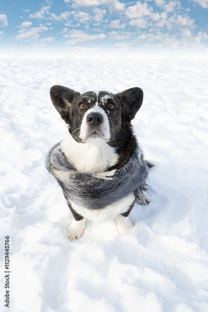 Dog. Welsh corgi Pembroke. Purebred dog in a scarf in a public park. Animal themes Dog. Welsh corgi Pembroke. Purebred dog in a scarf in a public park. Animal themes