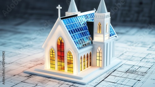 stain glass model of church on a blueprint, new home concept, copy space  