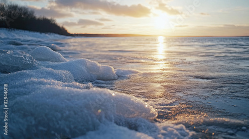 Winter landscape with a lake covered with ice on the shore