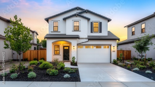 two story california house model and garden, new home concept, copy space  