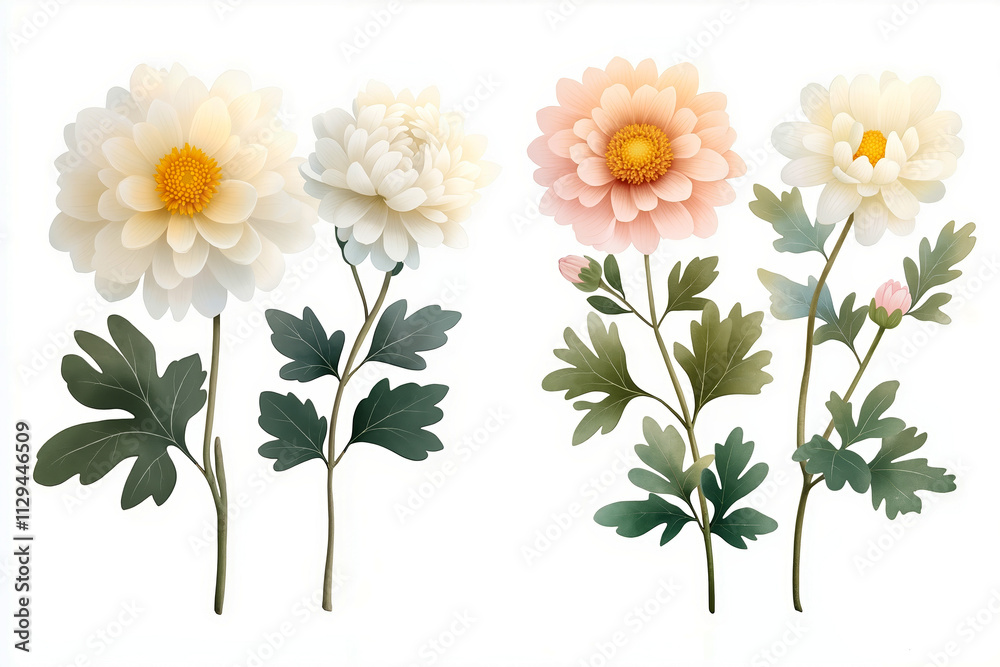 A set of three white and pink flowers with green leaves A set of three white and pink flowers with green leaves