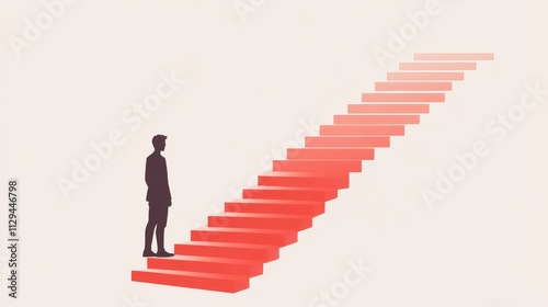 a minimalistic graphic of a human icon, standing in front of a red staircase, sideview, white background, first step in a journey, progress 