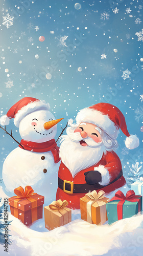 Merry christmas and happy new year greeting card with cute funny Santa Claus and Cute snowman in winter christmas landscape snow falling and a lot of gift box