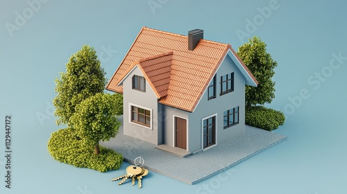 A model of a beautiful and innovative 3D private house with house keys lying next to it standing on a light blue background as in a studio. photo