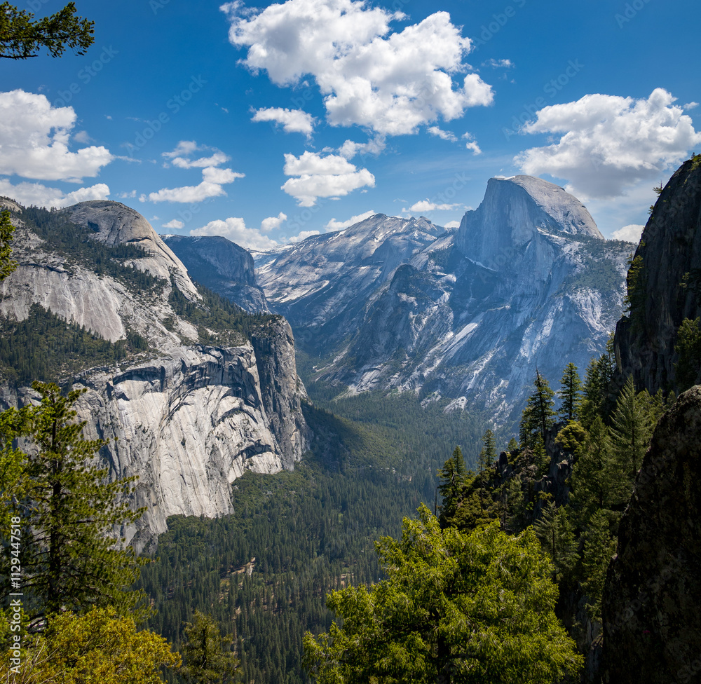 Half dome, north dome and royal arches seen from four mile trail.