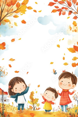 Children's printable background featuring kids enjoying an autumn day with falling leaves