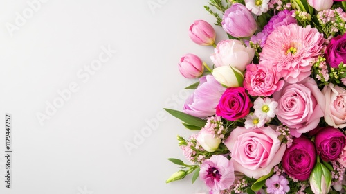 Beautiful bouquet features a variety of purple and pink flowers arranged elegantly on a gray table. Perfect for flower shops offering delivery services, with ample space for promotional text
