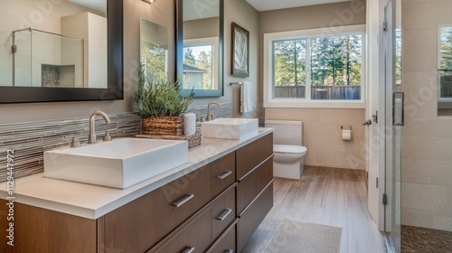 A modern bathroom with a floating vanity, where the cabinet is mounted on the wall and does not touch the floor. This design creates a sense of openness and space, especially in smaller bathrooms.  photo