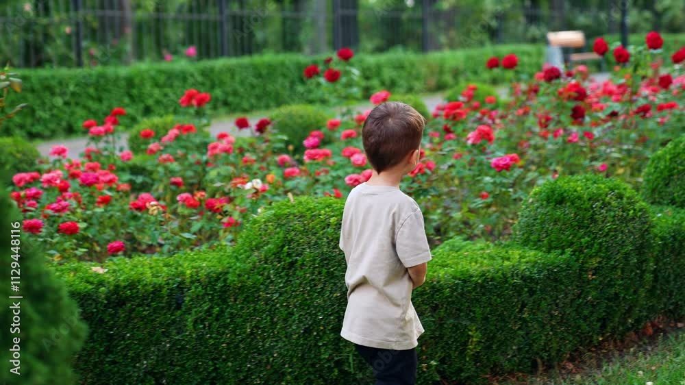 Cute baby boy walks along the flower bed with red roses. Toddler kid on the walk in the park in summer. Cute baby boy walks along the flower bed with red roses. Toddler kid on the walk in the park in summer.