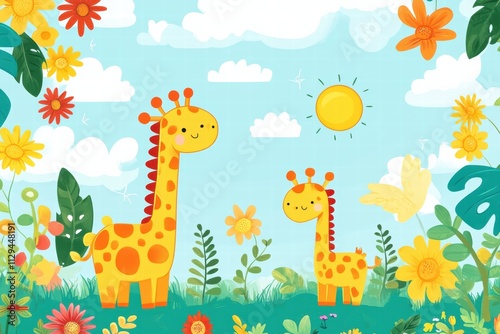 Wallpaper Mural Bright and cheerful kids printable background featuring playful giraffes in a colorful garden setting Torontodigital.ca