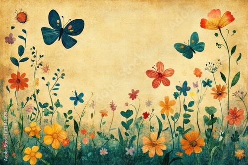 Bright and colorful kids printable background featuring butterflies and flowers in a cheerful setting