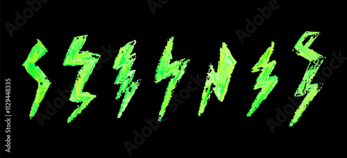 Set of lightning by wax pencil drawing. Collection of handdrawing chalk , light flash signs, Doodle thunder bolts, acid green color design elements. Vector graffiti style weather symbols.