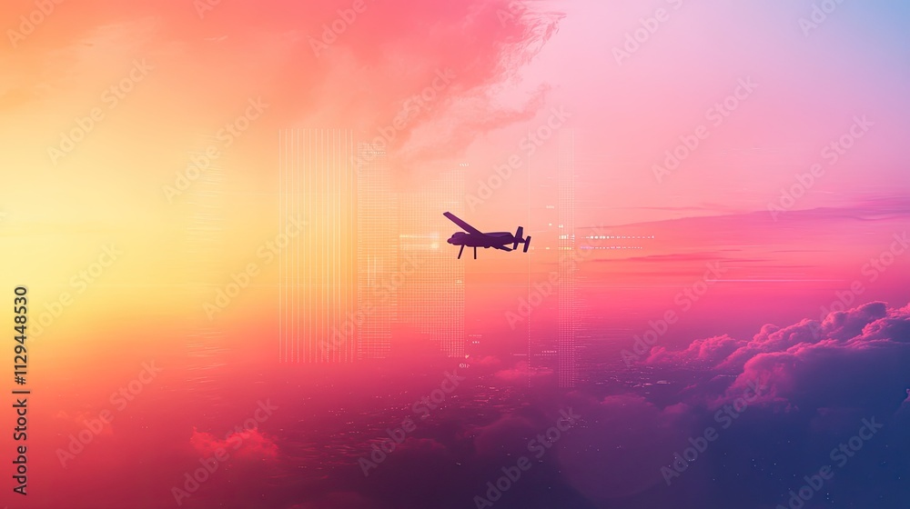 Drone flying above colorful sunset cloudscape. Drone flying above colorful sunset cloudscape.