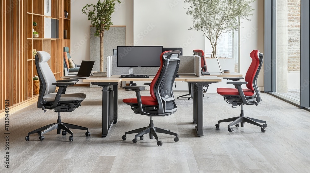 A modern office space, The interior features several ergonomic chairs, desks, laptops, and typical office equipment like monitors and phones. A modern office space, The interior features several ergonomic chairs, desks, laptops, and typical office equipment like monitors and phones.