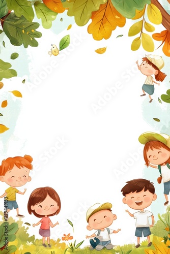 Printable background featuring cheerful kids playing in a vibrant autumn setting with falling leaves