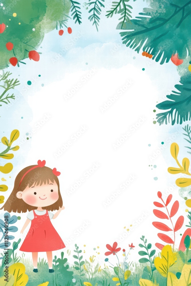 Kids printable background featuring a joyful girl in a colorful nature scene with plants Kids printable background featuring a joyful girl in a colorful nature scene with plants