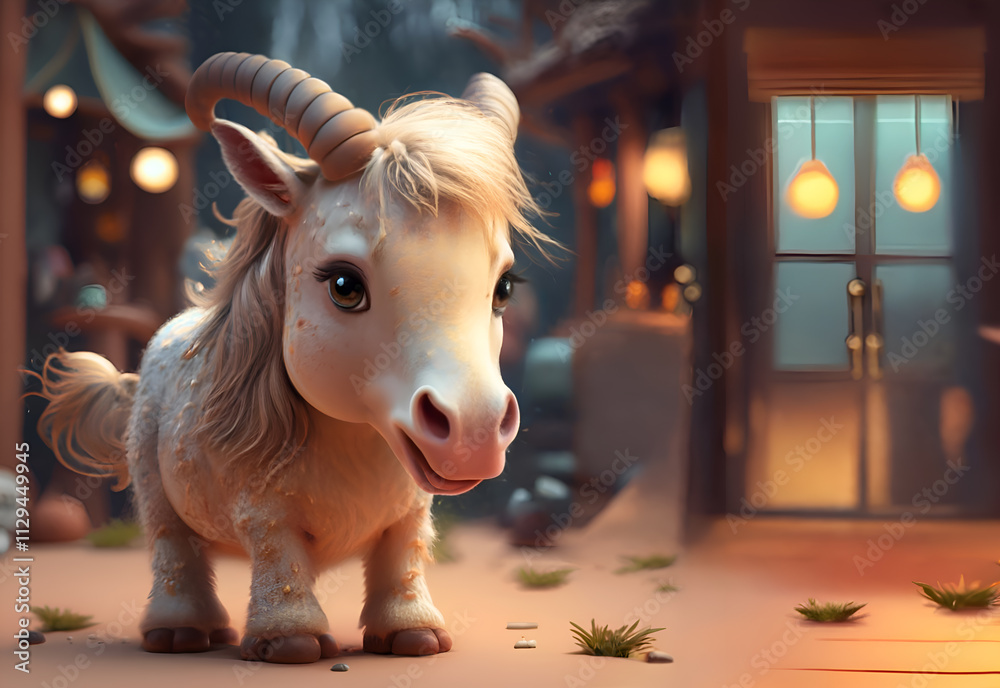 cute Capricorn baby around beautiful cozy domestic background. Digital artwork. Ai generated