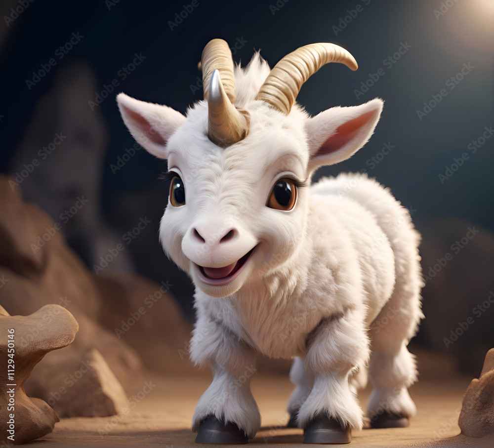 cute Capricorn baby around beautiful dark background. Digital artwork. Ai generated