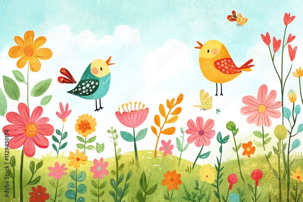 Obraz premium Bright and cheerful printable background featuring singing birds and vibrant flowers in a sunny garden