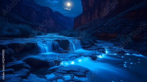 A glowing moonlit canyon with shimmering waterfalls and bioluminescent plants. photo