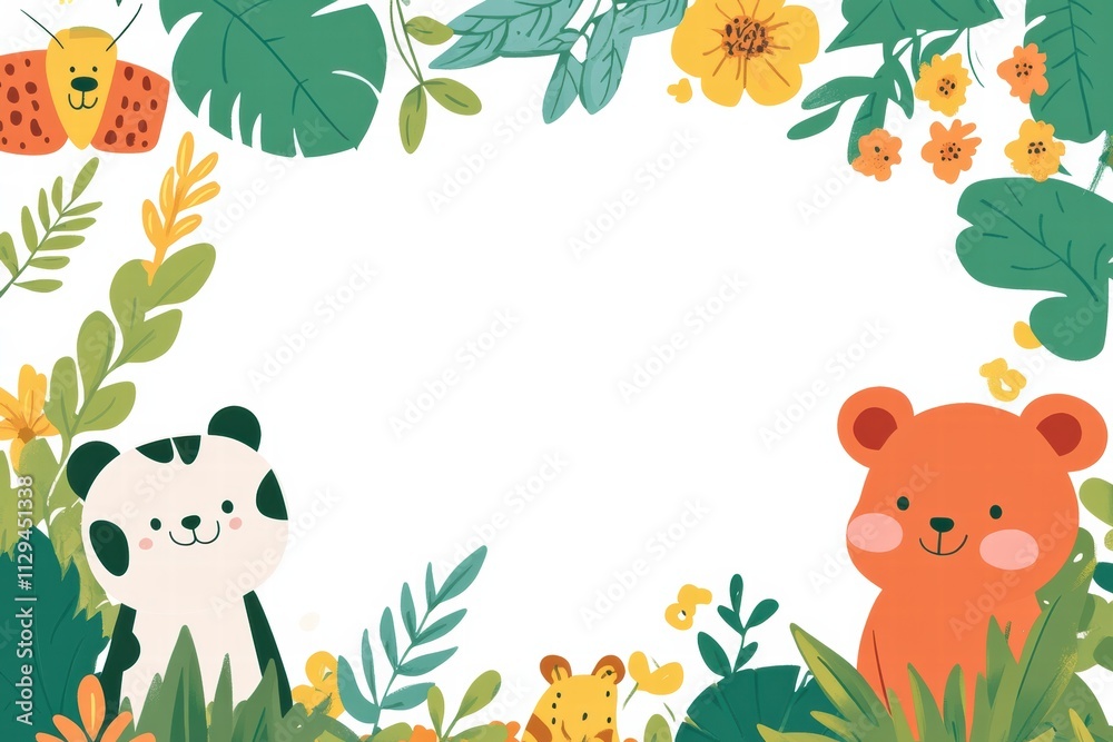 Naklejka premium Fun and colorful kids printable background featuring friendly animals and vibrant jungle plants