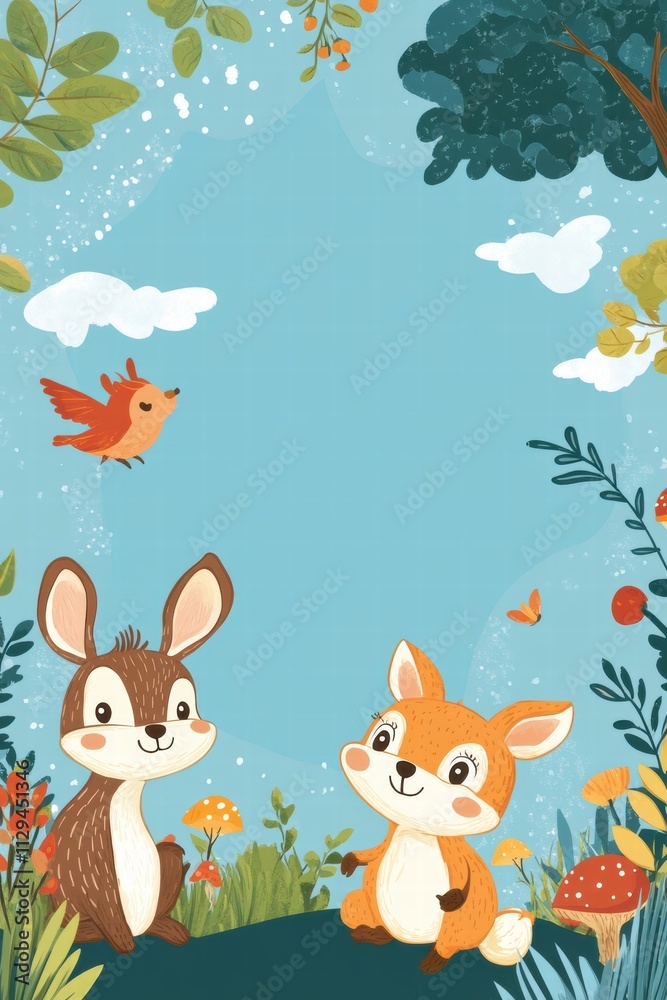 Naklejka premium Colorful printable background featuring friendly animals in a vibrant forest setting ideal for kids