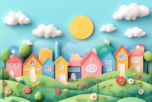 Bright kids printable background featuring colorful houses, trees, and a sunny sky