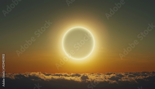 A breathtaking sunset featuring a halo around the sun, casting warm hues over the clouds, creating a serene and mystical atmosphere.