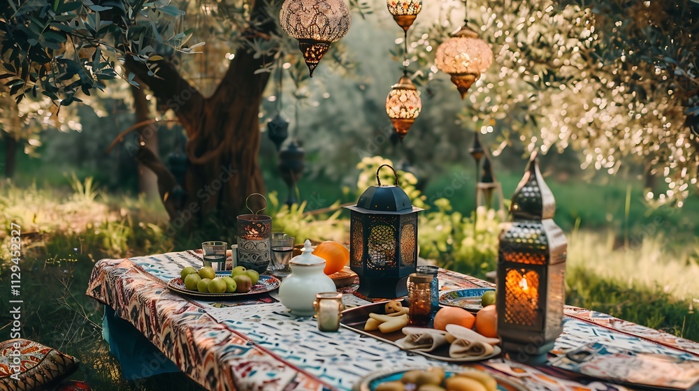 A tranquil outdoor scene with a beautifully set Iftar table, adorned with lanterns, decorative plates, and a beautiful tablecloth A tranquil outdoor scene with a beautifully set Iftar table, adorned with lanterns, decorative plates, and a beautiful tablecloth
