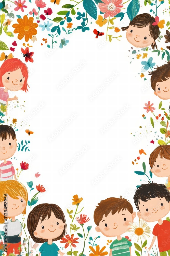 Cheerful kids printable background with colorful flowers and friendly faces for creative projects Cheerful kids printable background with colorful flowers and friendly faces for creative projects