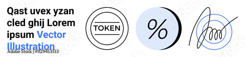 Three modern icons TOKEN circle, percentage sign circle, abstract sketch. Ideal for finance, marketing, branding, websites, mobile apps, presentations, and social media. Landing page