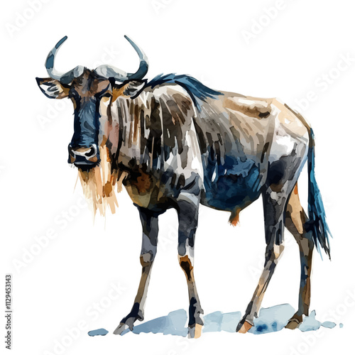 A watercolor painting of a wildebeest, isolated on a white background. Wildebeest vector.