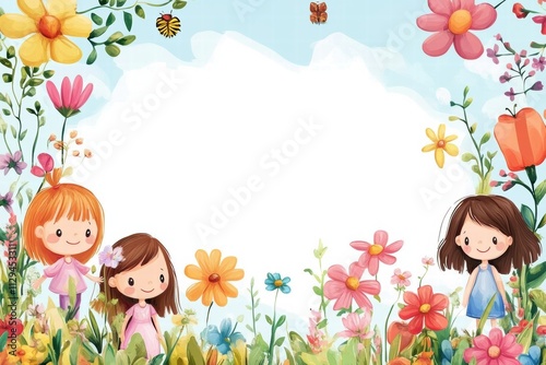 Printable background for kids featuring cheerful flowers and playful girls in a colorful garden photo