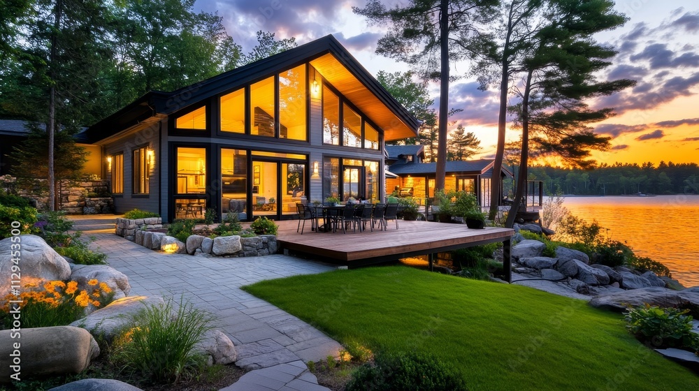 Lakeside Modern Home at Sunset - Luxurious lakefront home, modern architecture, sunset view, spacious deck, landscaped yard. Symbolizes: serenity, luxury, modern living, nature, escape. Lakeside Modern Home at Sunset - Luxurious lakefront home, modern architecture, sunset view, spacious deck, landscaped yard. Symbolizes: serenity, luxury, modern living, nature, escape.