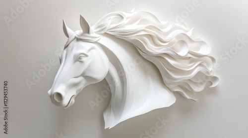 White horse head sculpture, wall art, flowing mane. photo